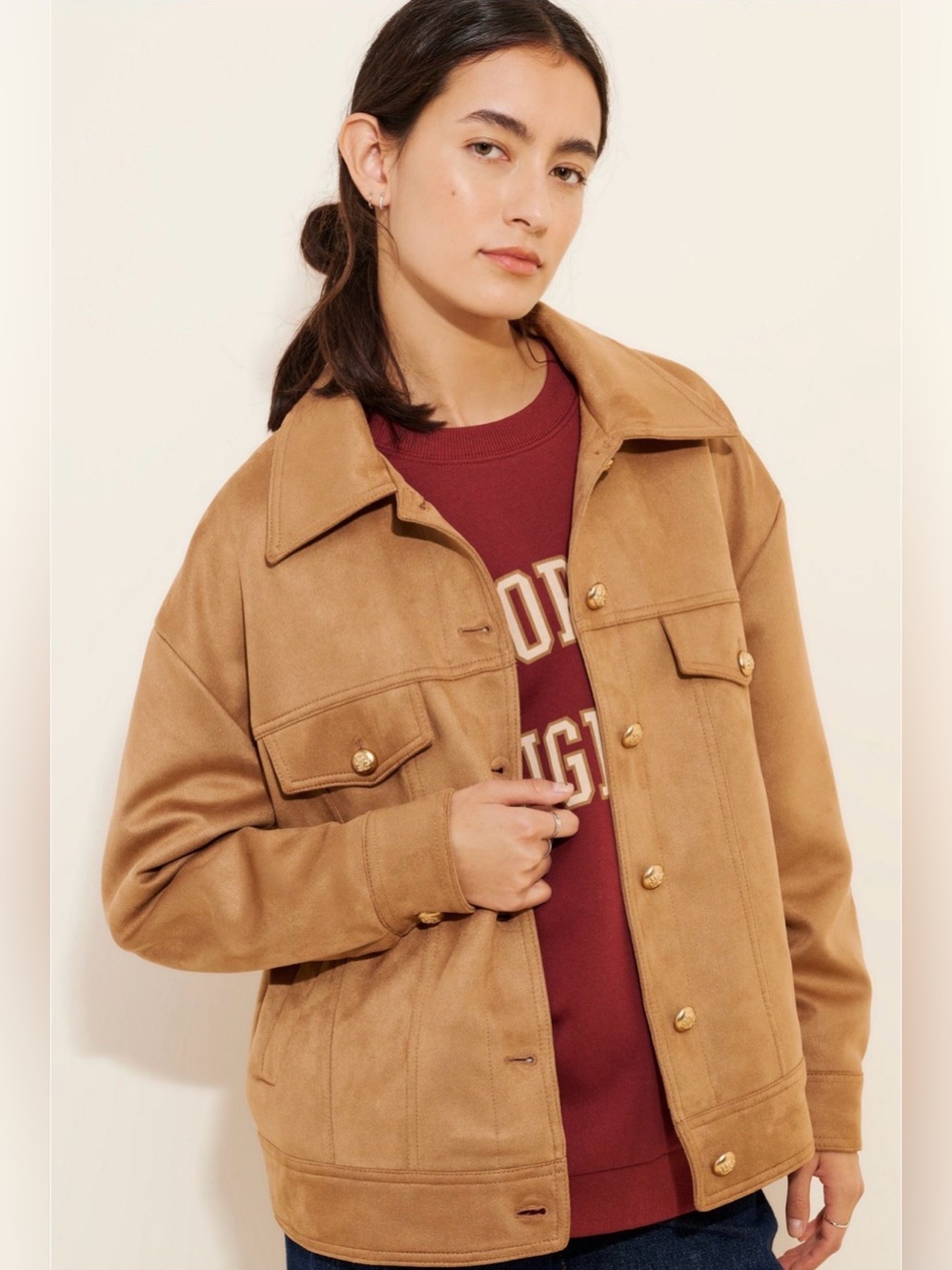 Maeve Anthropologie Tan Vegan Suede Trucker Jacket with gold accent buttons